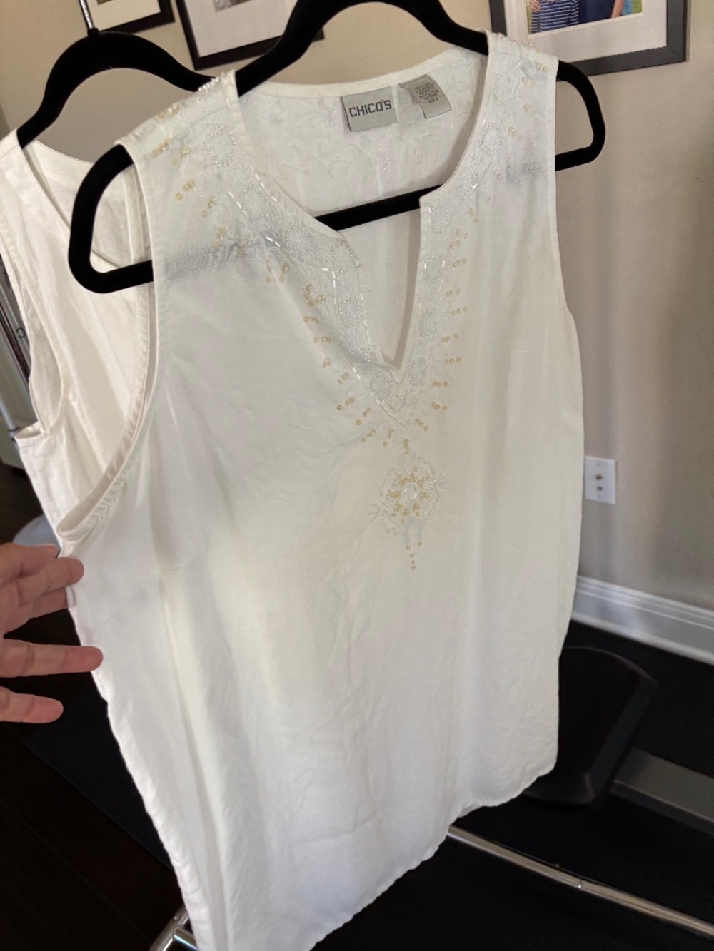 Chico’s white linen tunic with beaded accents